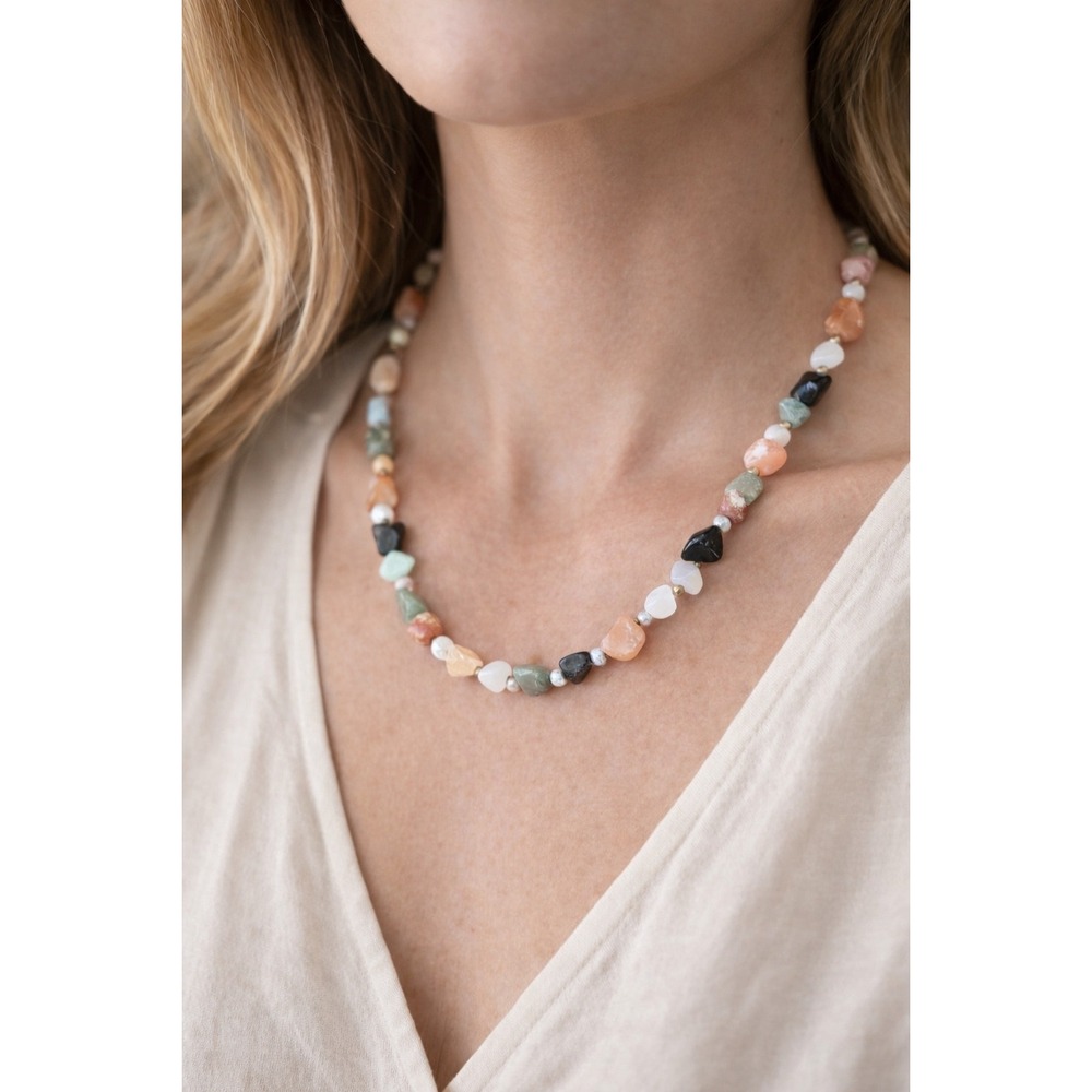 Natural Stone Beaded Necklace Mixed Gemstone Chip Boho‎ Earthy Jewelry